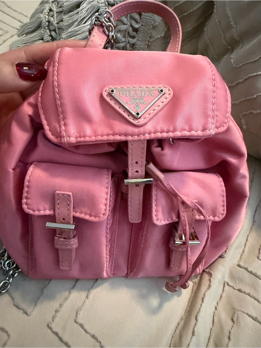 “Pr” Pink Nylon Mini Backpack with Chain Strap